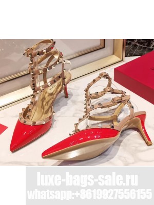 Valentino Heel 9.5cm Rockstud Caged Ankle Strap Pumps in Patent Leather Red
