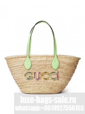 Gucci Small Straw Tote Bag With Gucci Logo 779524 Green