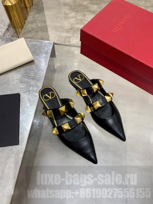 VALENTINO ROMAN STUD FLAT MULE IN CALFSKIN BLACK