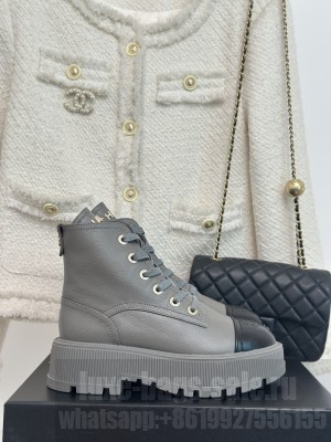 Chanel Calfskin 3.5cm Lace-up Biker Boots 2023 Gray