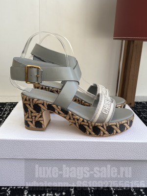 Dior Dway Heeled Sandal Natural Raffia, Gray Embroidered Cotton and Calfskin