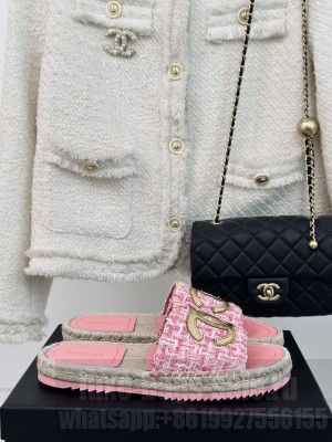 Chanel Tweed Espadrilles Slide Mules Pink