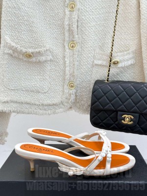 Chanel Vintage Canvas Heel Sandals 3.5cm with Pearls White/Orange 2025