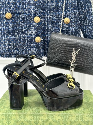 Gucci 11cm Horsebit Patent Leather Platform Sandals Black