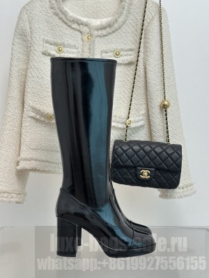 Chanel Patent Calfskin 8cm Long Boots Black 02