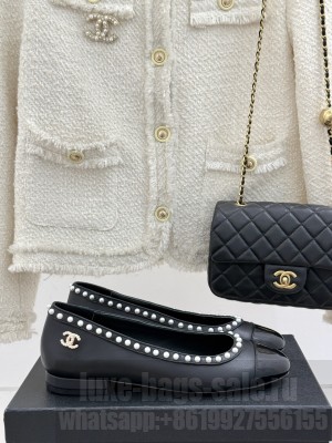 Chanel Lambskin & Patent Calfskin Ballet Flats with Pearls Black 2025