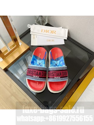 Dior Dway Flat Slide Sandals in Red Multicolor D-Flower Pop Cotton Embroidery 2022 Collection