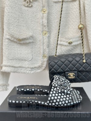 Chanel Dots Leather With Camellia Slide Black