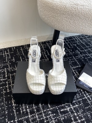Chanel Platform 4cm Heel 12cm Tweed Sandals Gray