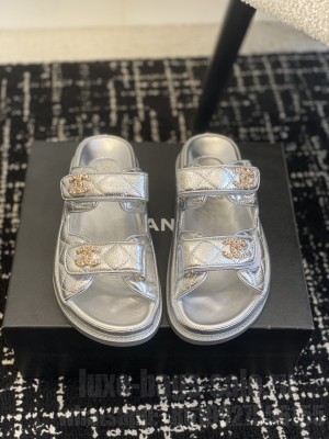 Chanel Grained Calfskin Velcro Dad Slide Sandals Sliver 2025