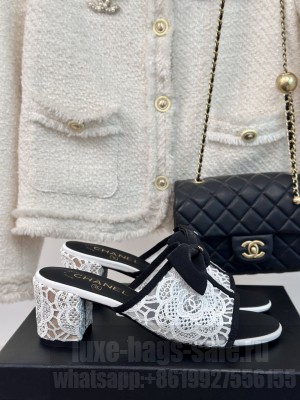 Chanel 6.5cm Mesh Lace Camellia Black Bow Slide Black
