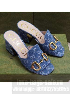 Gucci GG Denim Slide Sandal with Horsebit 7cm Blue 2021 Collection