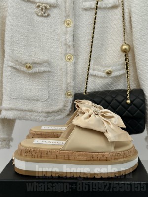 Chanel Satin Platform Slides Sandal with Maxi Bow Beige 2024 