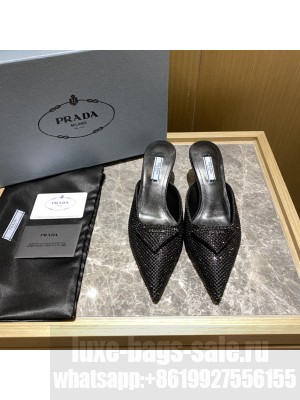Prada Women's 5.5cm Satin Mule Sandals With Crystals 2022 Collection,Black