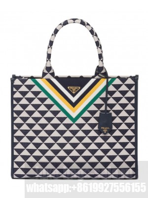 Prada Symbole Jacquard Fabric Handbag Dark Blue