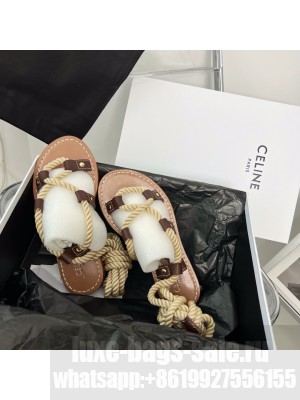CELINE TAILLAT LACE UP SANDAL IN CALFSKIN AND CORDTAN / NATURAL