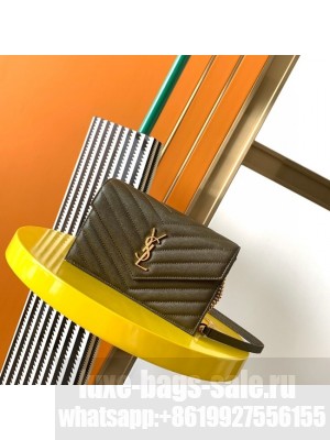 SAINT LAURENT CASSANDRE MATELASSE ENVELOPE CHAIN WALLET IN GRAIN DE POUDRE EMBOSSED LEATHER 393953 khaki