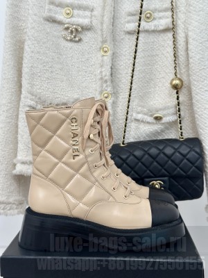 Chanel Women's 5cm Quilted Calfskin Lace-up Boots Beige