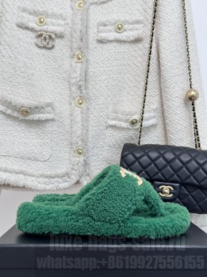 Chanel Shearling Flat Thong Slide Sandals Green 2023
