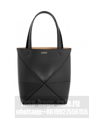 Loewe Mini Puzzle Fold Tote In Shiny Calfskin Black