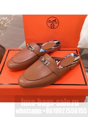 Hermes Classic Kelly Calfskin Flat Mules Brown 2020 Collection