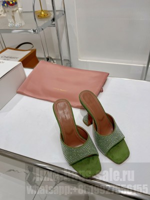 Amina Muaddi Caroline Crystal 9.5cm Slide Satin Open pointed toe Mule Sandal Green