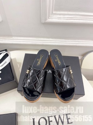 Chanel Platfrom Quilted Patent Leather 7cm Wedge Slide Mules Black 2025