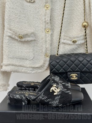 Chanel Tweed & Calfskin Flat Mule Black/Gray 2024