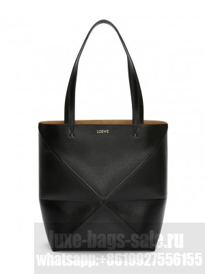 Loewe Puzzle Fold Tote In Shiny Calfskin Black
