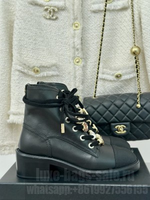 Chanel Calfskin leather Combat lace-up G45856 Ankle Boots Black