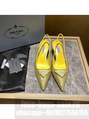 Prada Women's 5.5cm Satin Slingback Sandals With Crystals 2022 Collection,Yellow