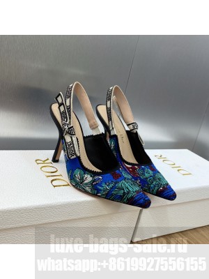 Dior J'Adior Slingback Pumps 9.5cm in Cobalt Blue Multicolor Embroidered Cotton with Toile de Jouy Voyage Motif 2023
