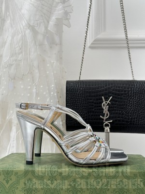GUCCI WOMEN'S CRYSTAL INTERLOCKING G LAMBSKIN SANDAL SILVER
