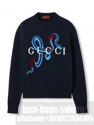 Gucci Women's Wool Cashmere Sweater With Intarsia Dark Blue