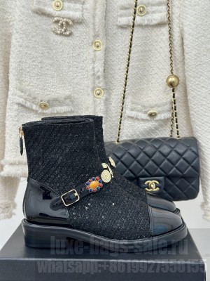 Chanel Tweed, Grosgrain Ankle Boots with Charm Strap Black 2024 