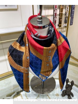 Gucci Women's Horsebit Print Silk Scarf Blue