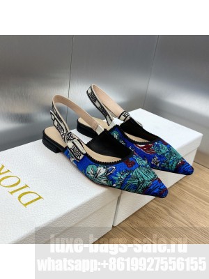 Dior J'Adior Slingback flats in Cobalt Blue Multicolor Embroidered Cotton with Toile de Jouy Voyage Motif 2023