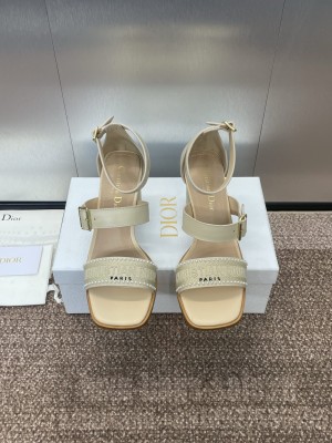 Dior Dway Heeled Sandals 7.5cm in Beige Calfskin and Embroidered Cotton 2025