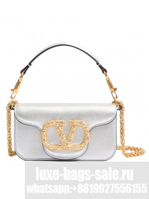 Valentino Garavani Loco Small Shoulder Bag In Laminated Calfskin With Jewel Logo Silver