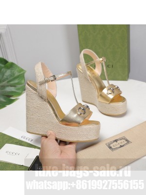 Gucci Calfskin 13cm Gold Espadrilles Wedge Sandals 2021 Collection