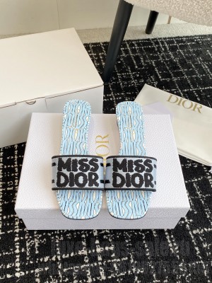 Dior Dway Heeled Slide Embroidered Cotton and Pale Blue Miss Dior Allover Motif