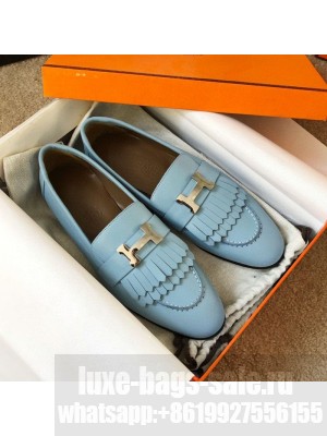 Hermes Royal Fringe Lambskin Flat Loafers Light Blue 2020 Collection