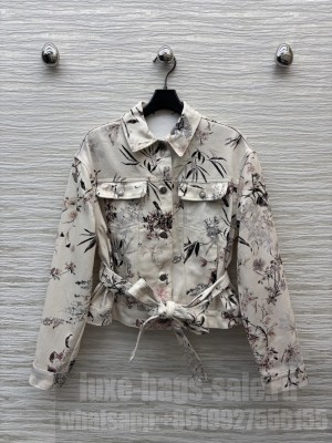Christian Dior Short Belted Jacket Beige Cotton Denim with Multicolor Millefiori Motif
