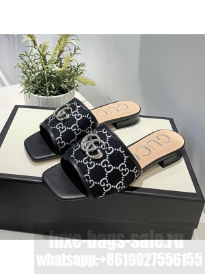 Gucci GG Silver Lamé Canvas Slide Sandals Black 2021 Collection