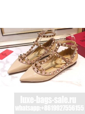 Valentino Rockstud Caged Ankle Strap Ballet Flats Ballerinas in Patent Leather Nude
