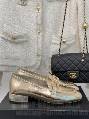 Chanel Crumpled Shiny Lambskin Loafers with Chain Gold 2025 G46113
