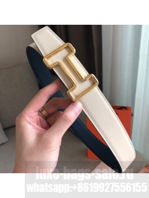 Hermes Tonight Reversible Leather Buckle Belt 38mm Blue/White/Gold 2019 Collection