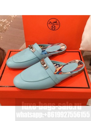 Hermes Classic Kelly Calfskin Flat Mules Blue 2020 Collection