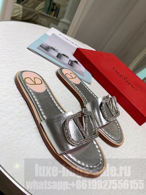 VALENTINO VLOGO SIGNATURE SLIDE SANDALS SILVER/CRYSTALS 2021 09