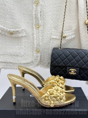 Chanel Lambskin Heel Slides Sandal 8cm with Camellia Bloom gold 2025